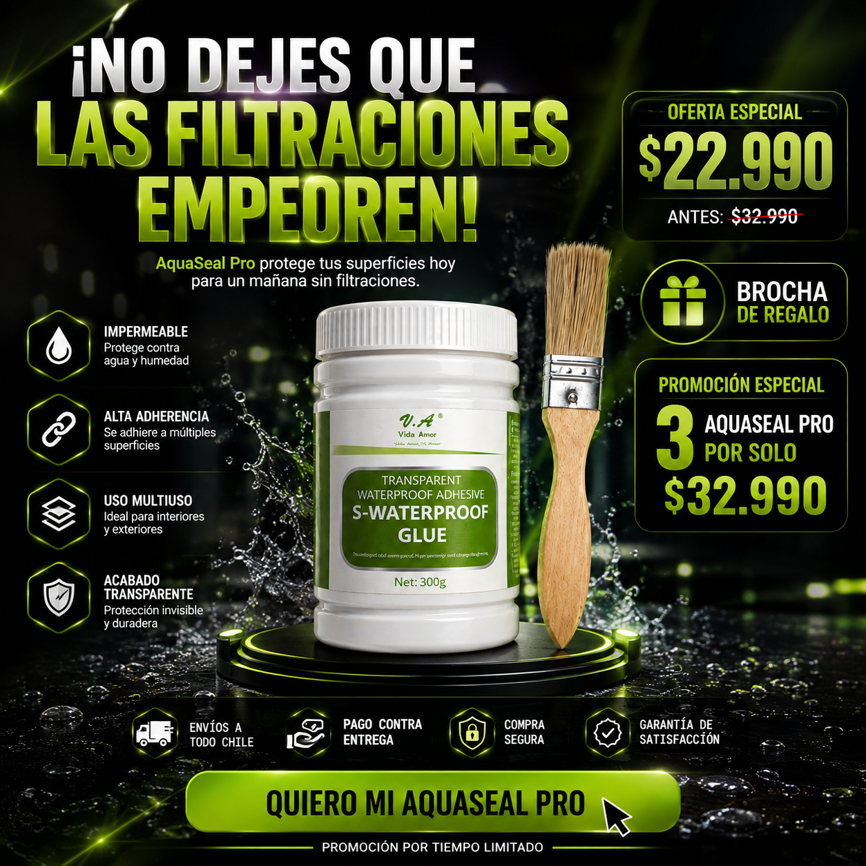 Sellador Adhesivo Impermeable AquaSeal Pro™ 300G | Repara Filtraciones y Grietas en Minutos - BenedettoCL