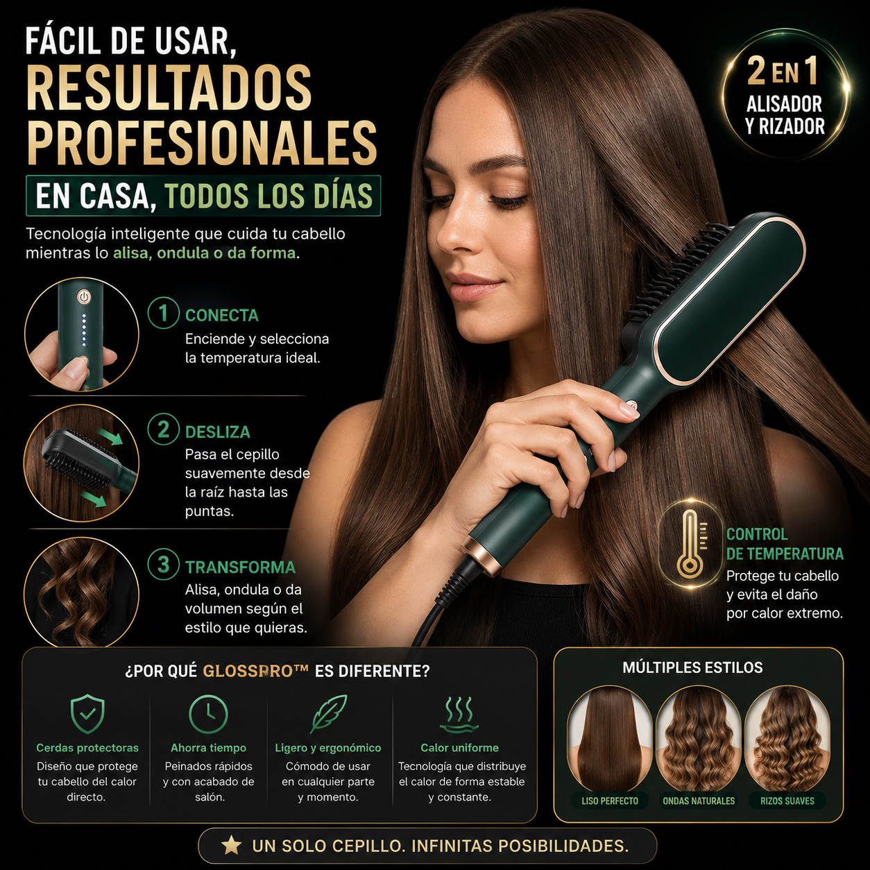 Cepillo Alisador Multifuncional GlossPro™ | Alisado Profesional al Instante - BenedettoCL