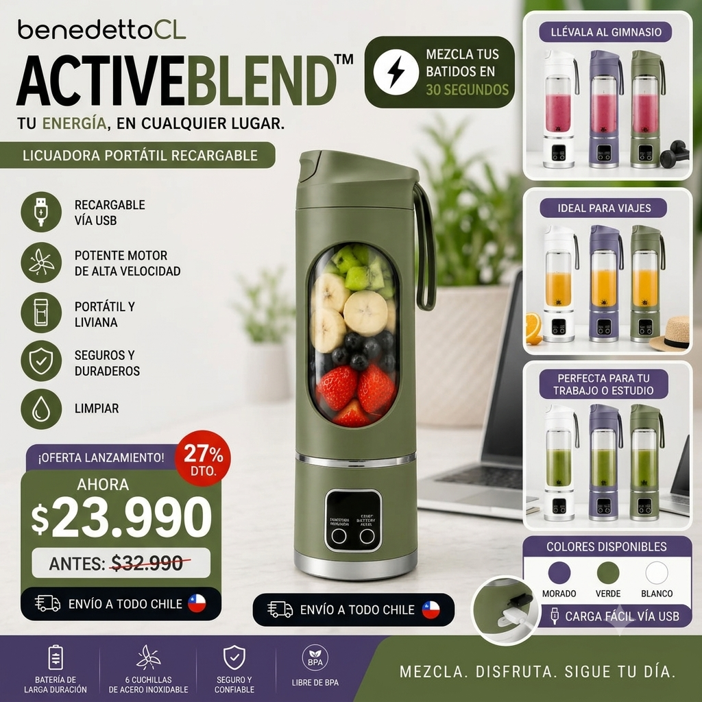 ActiveBlend™ by BenedettoCL | Licuadora Portátil Recargable USB